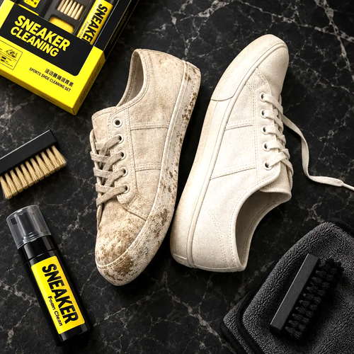 Dirty vs cleaned white canvas sneaker with Sudsmith cleaning kit